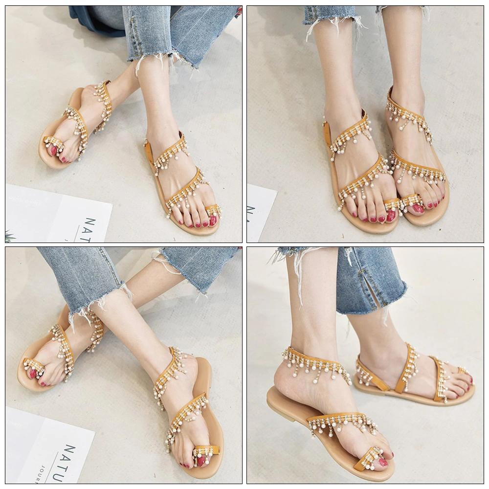 1Pair Handmade Beads Sandals Flat Sole Sandals Women Summer Shoes Brown