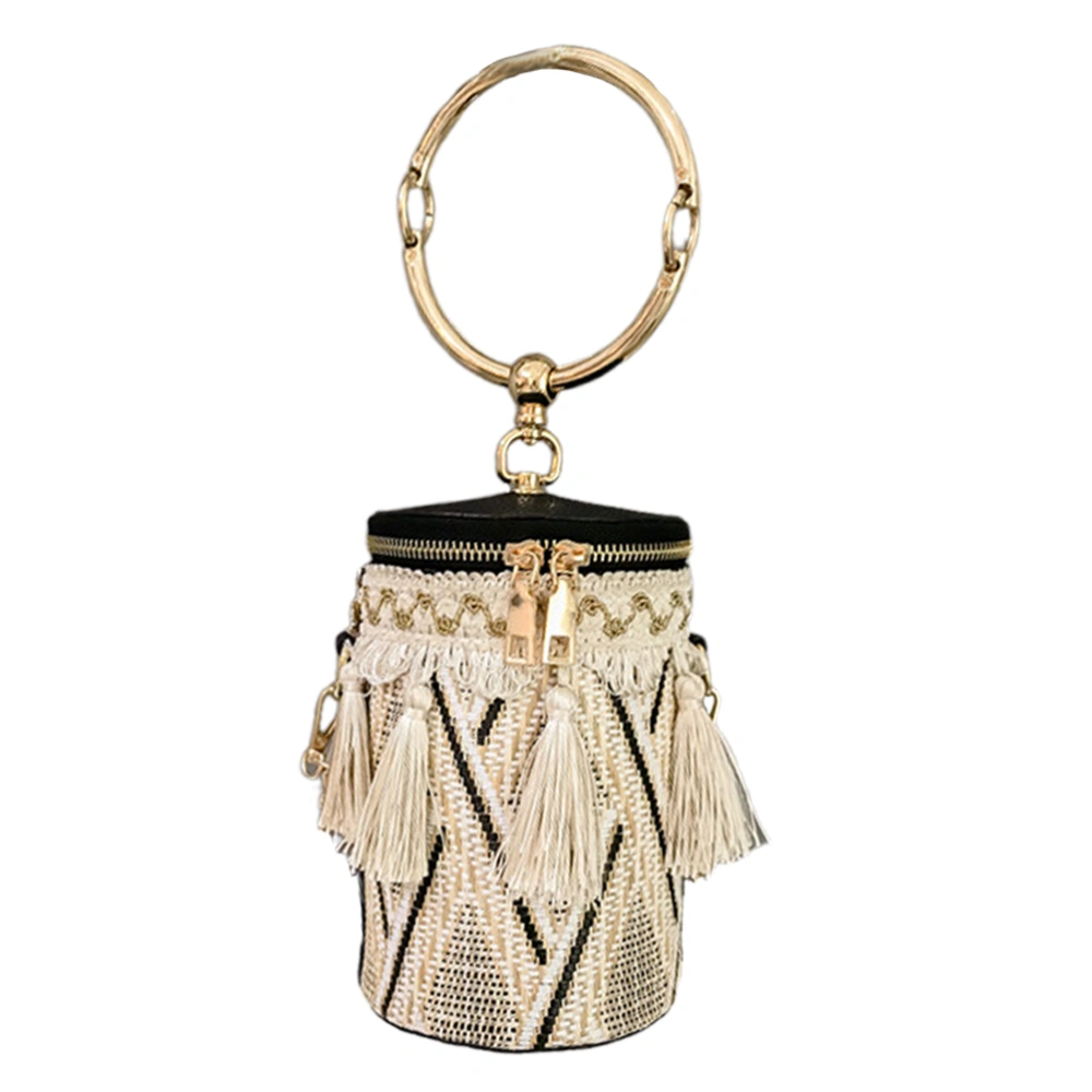 Fashion Woven Handbag with Tassels Zipper Bucket Bag Cross Body Shoulder Bag for Women Girls (Black)