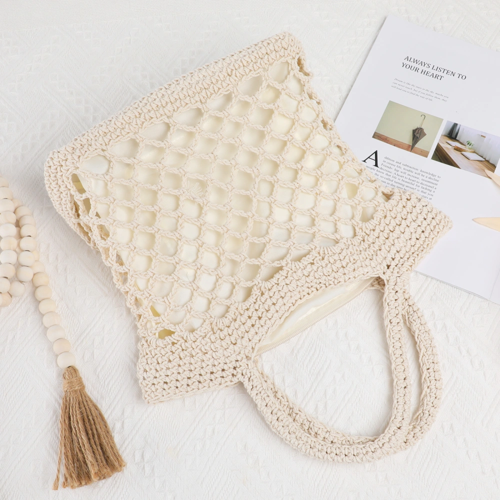 Portable Beach Bag Cotton Thread Hand-crocheted Bag Handmade Shoulder Bag Large Capacity Messenger Bag (Beige)