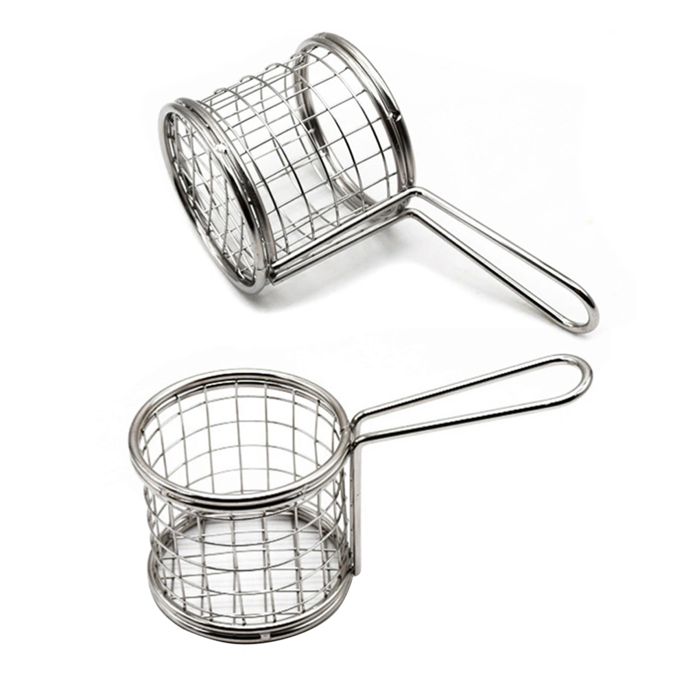 1pc Stainless Steel Mini Round Shape Fried Basket Frying Fry Serving Basket with Handle Kitchen Gadget for Home (Silver)