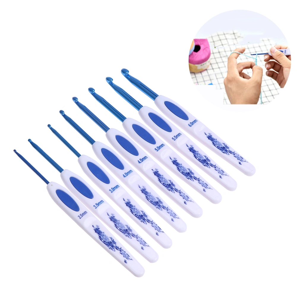 8pcs Retro Blue and White Porcelain Plastic Handle Aluminum Crochet Hooks Knitting Needles Crafts Weaving Tool Coarse Count (Blue)