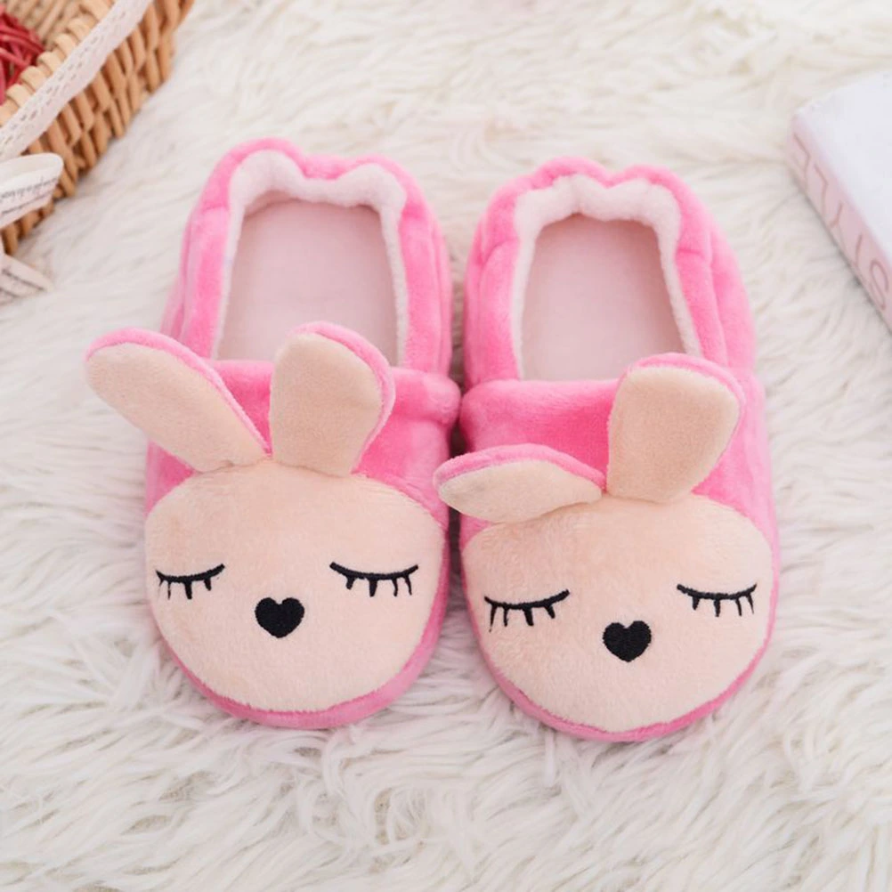 Cotton Winter Home Slippers Cartoon Rabbit Style Non-slip Baby Shoes Cotton Boys Girls Slipper - Rose Red 15/16