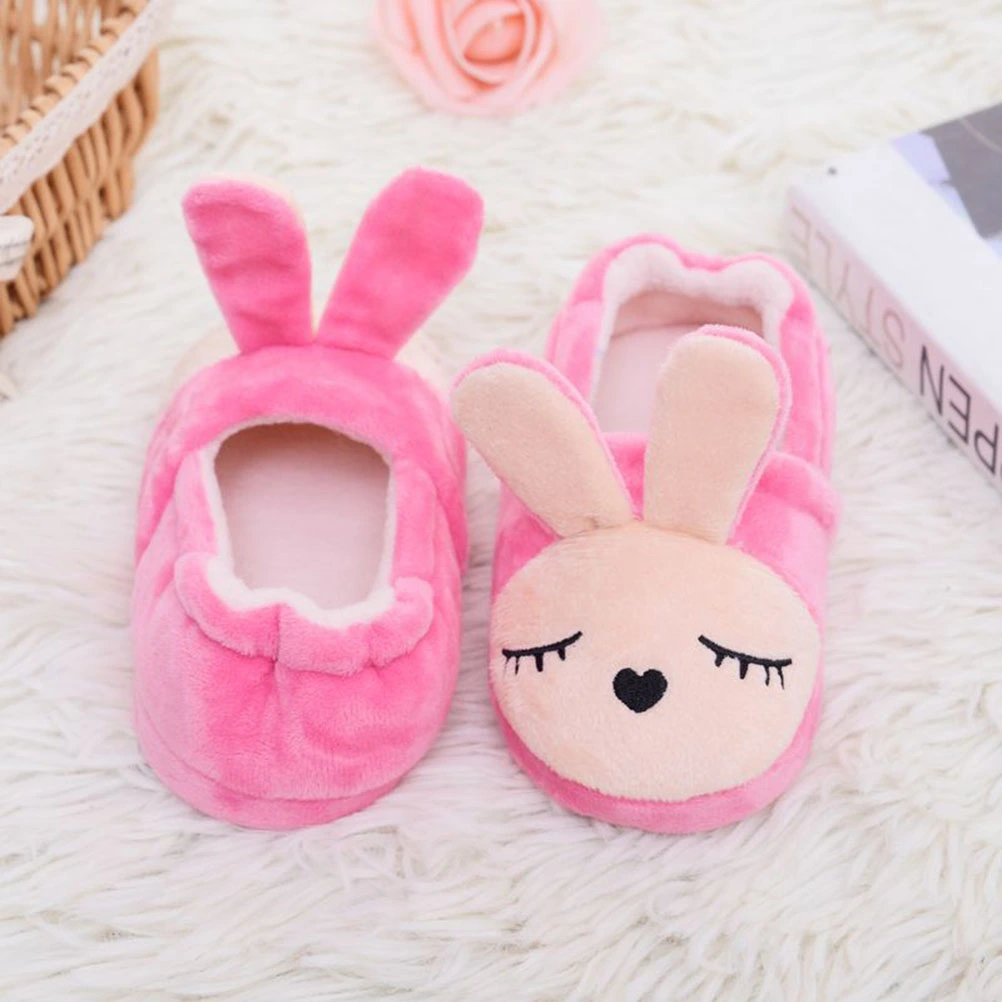 Cotton Winter Home Slippers Cartoon Rabbit Style Non-slip Baby Shoes Cotton Boys Girls Slipper - Rose Red 15/16