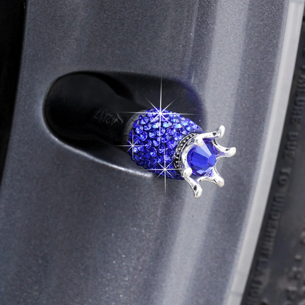 4 Pcs Crown Shaped Car Tires Cover Creative Diamond Car Tire Wheel Stem Shining Dustproof Car Accessories (Blue)