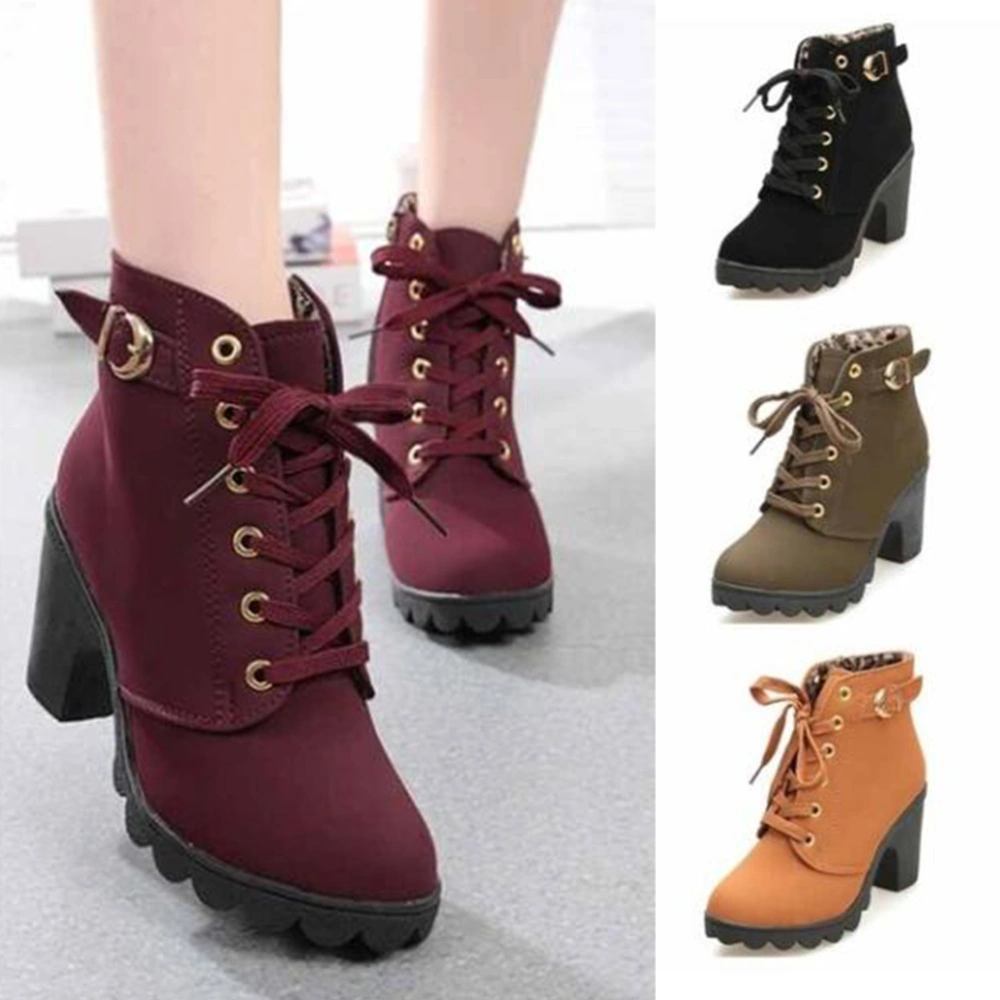 Womens Fashion High Heel Lace up Ankle Boots Lady Buckle Platform Shoes(Brown,37)