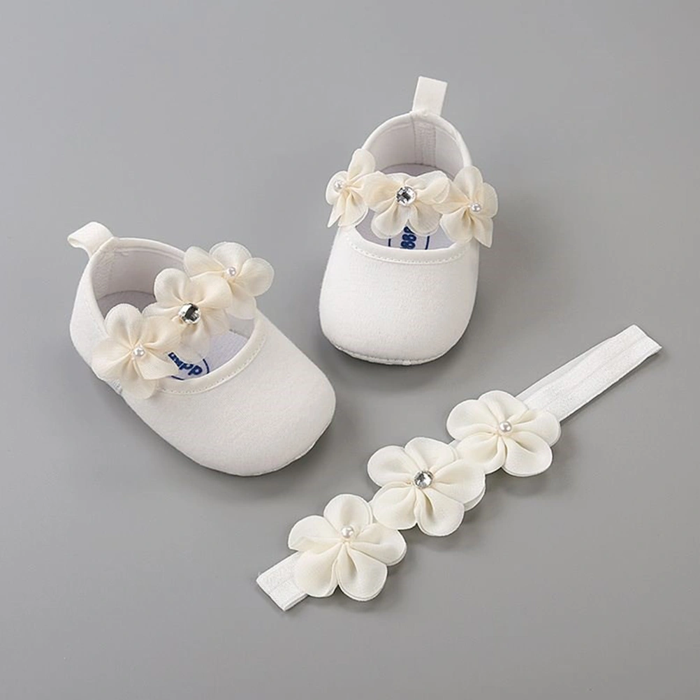 1 Set Baby Walking Soled Shoes Kid Pearl Flower Shoes Headdress