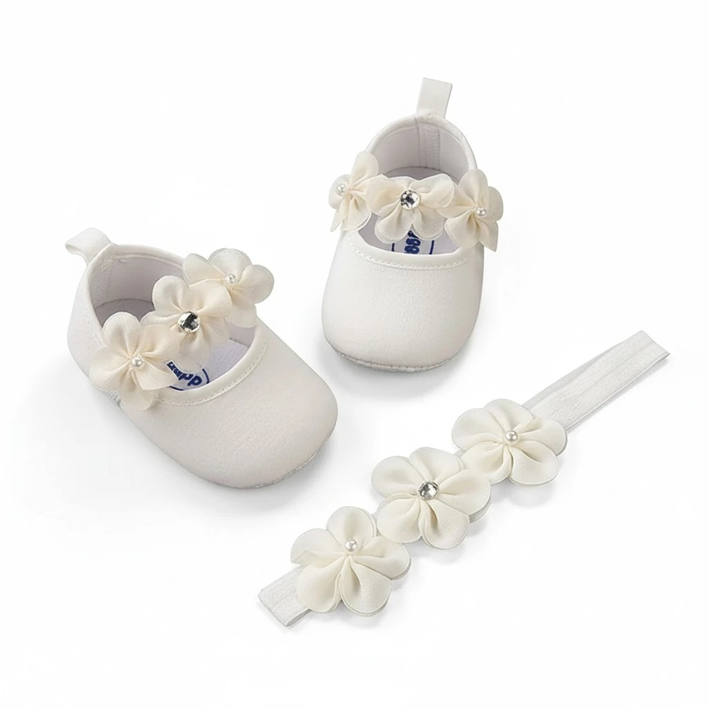 1 Set Baby Walking Soled Shoes Kid Pearl Flower Shoes Headdress