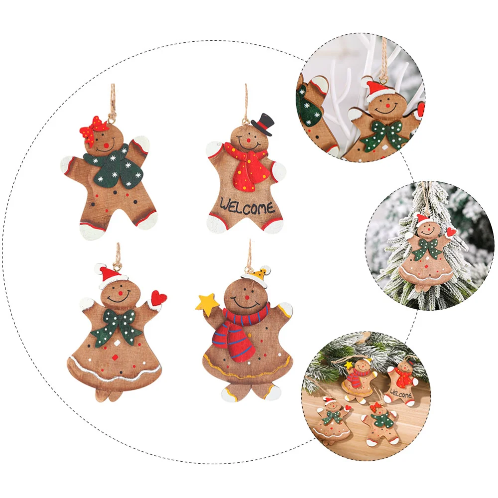 4pcs Christmas Wood Gingerbread Man Christmas Decorations Christmas Tree Pendant (Mixed Style)