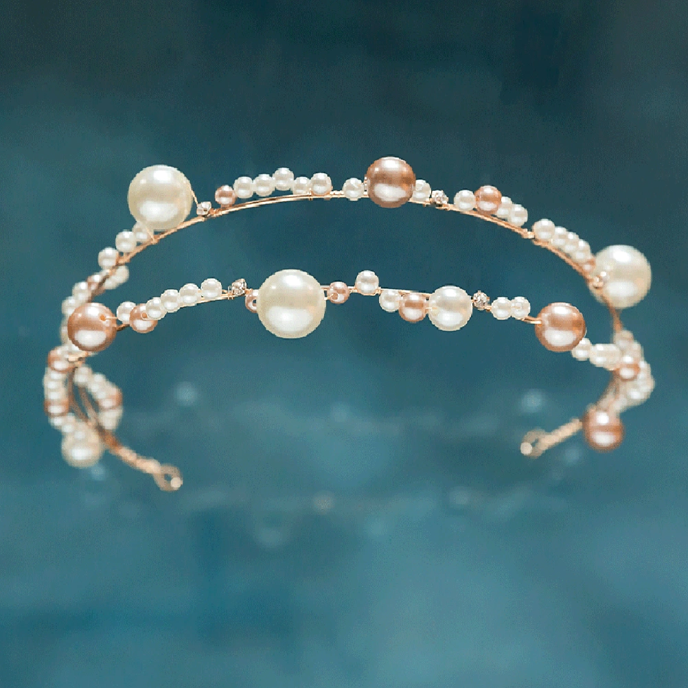 Women Brown Pearl Strand Headband Clip Earring Jewelry Set Bridal Round Beads Ear Decor Crown Jewelry for Party Wedding (Golden)