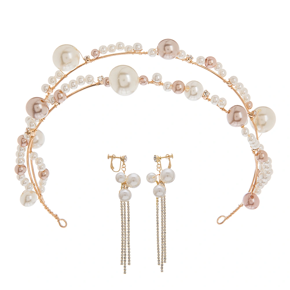 Women Brown Pearl Strand Headband Clip Earring Jewelry Set Bridal Round Beads Ear Decor Crown Jewelry for Party Wedding (Golden)