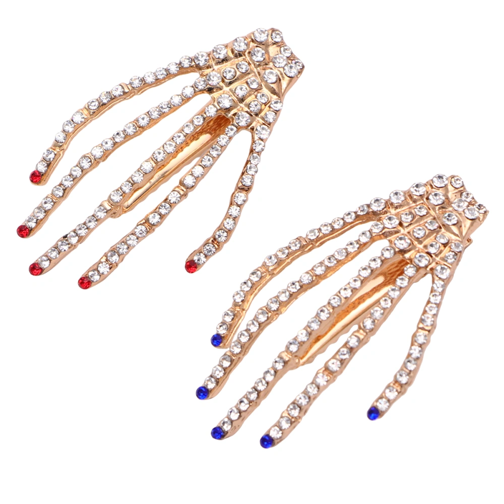 2Pcs Skeleton Hair Clip Punk Hair Clip Bone Hand Style Clip Hairpin Headwear Halloween Decoration Accessories (Red+Blue)