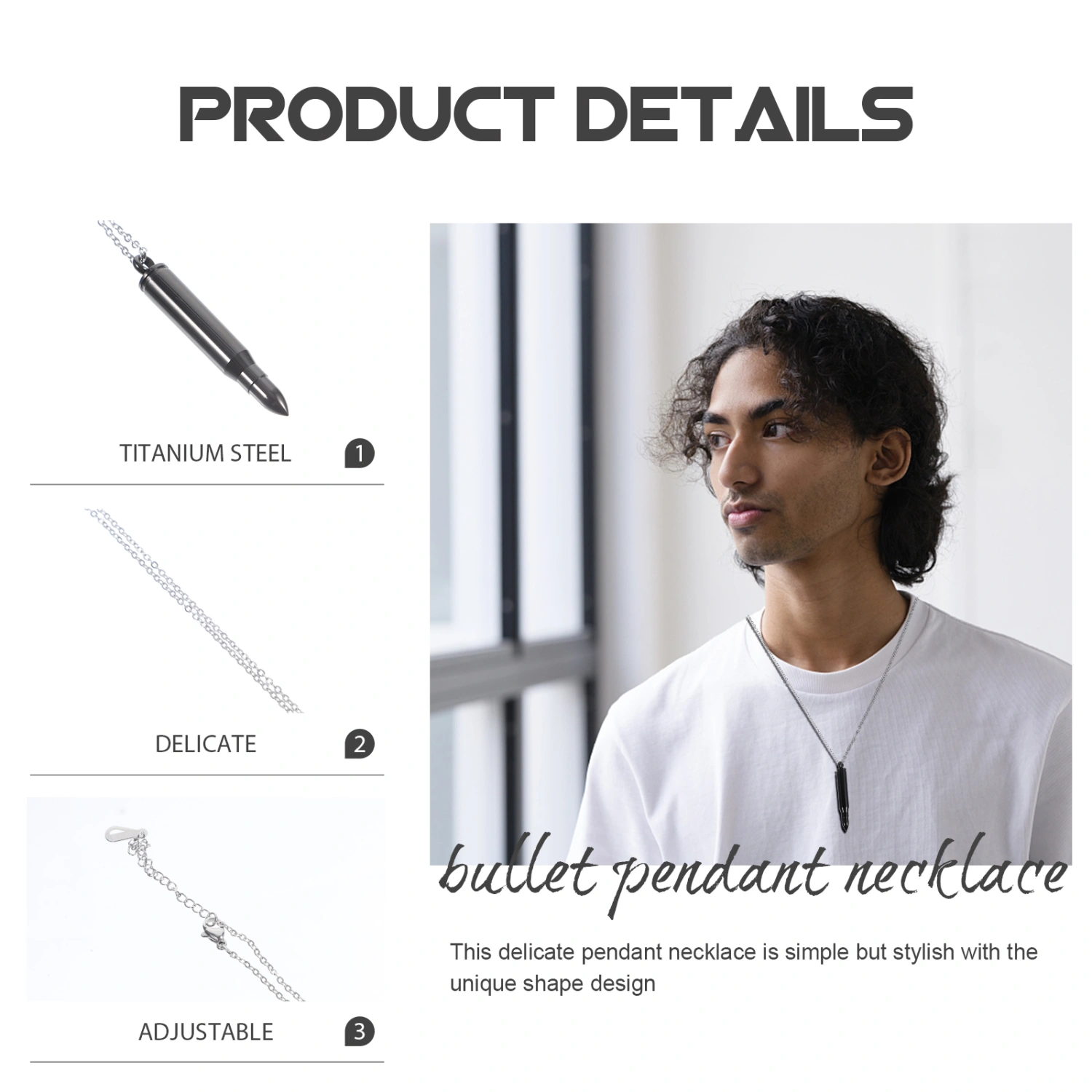 1Pc Titanium Steel Bullet Pendant Necklace Personality Cool Necklace Jewelry for Men Male Black (with A Chain)