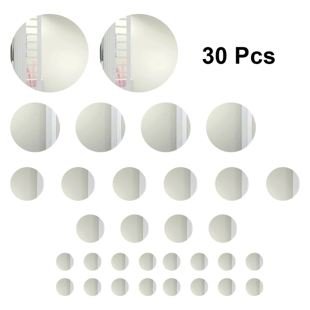 30PCS Round DIY Mirror Surface Wall Sticker Self Adhesive Waterproof Mirror Sticker for Home Living Room Bedroom (Silver)