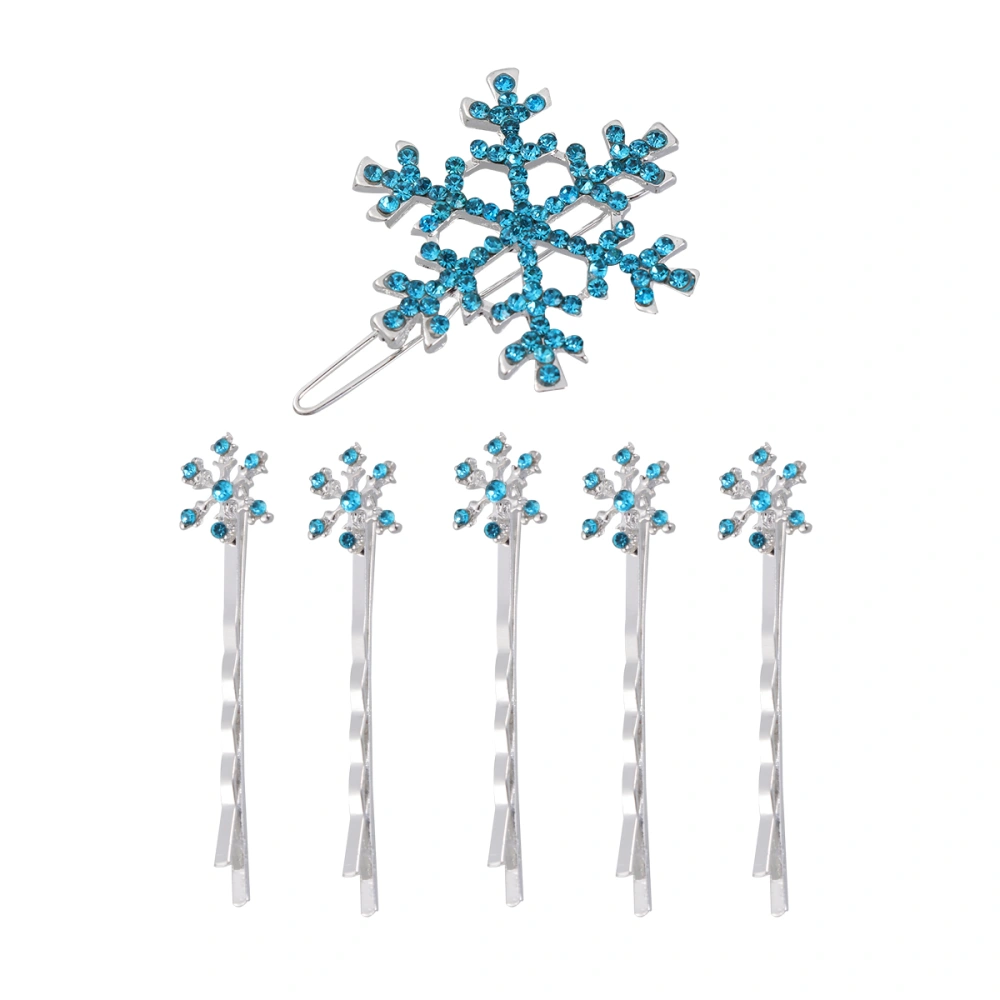 6pcs Snowflake Hairpins Mixed Ribbon Hair Clips Barrettes Hair Accessories for Kids Children (5 Blue Hair Pin + 1 Blue Claw Clip)