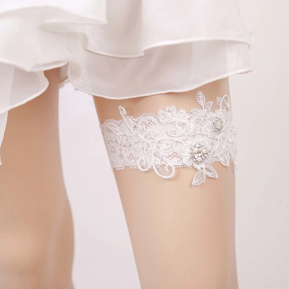 Bridal Elastic Garters Pearl Lace Embroidery Garters Decor Garters for Woman Lady Female (White)