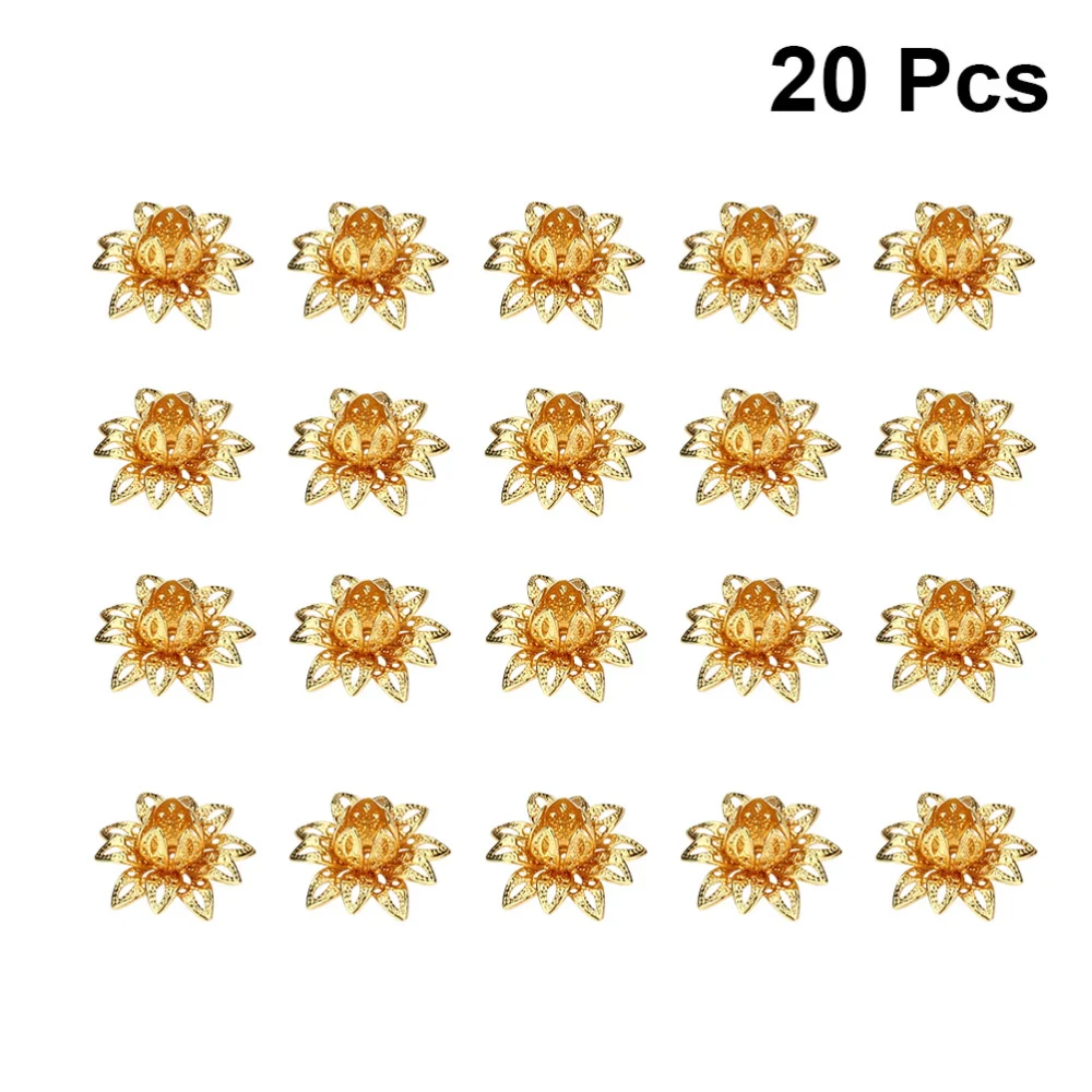 20PCS DIY Accessories Lotus Beads Flower Caps Pendant Charms Hollow Spacer End Caps for Jewelry Necklace Bracelet Making (Golden)