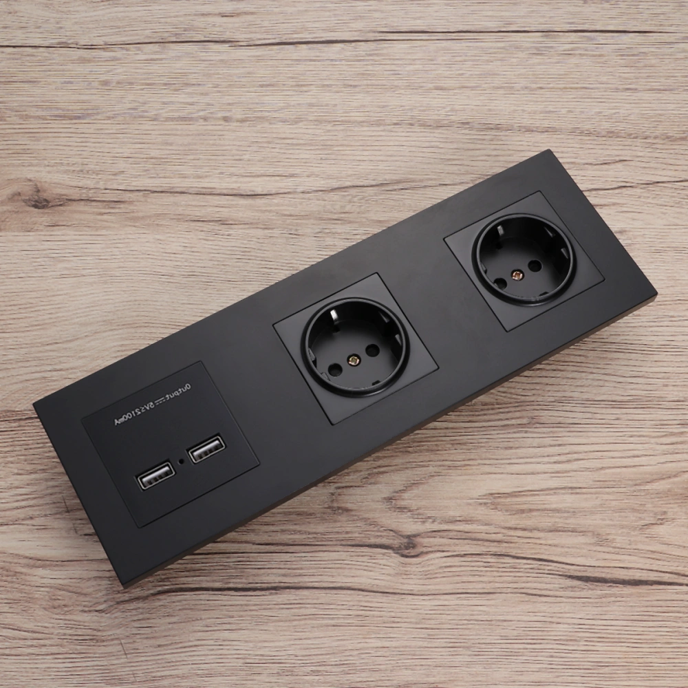 258 Type 16A Triple 3 Gang German Plug Schuko Power Outlet Wall Socket Dual USB Black