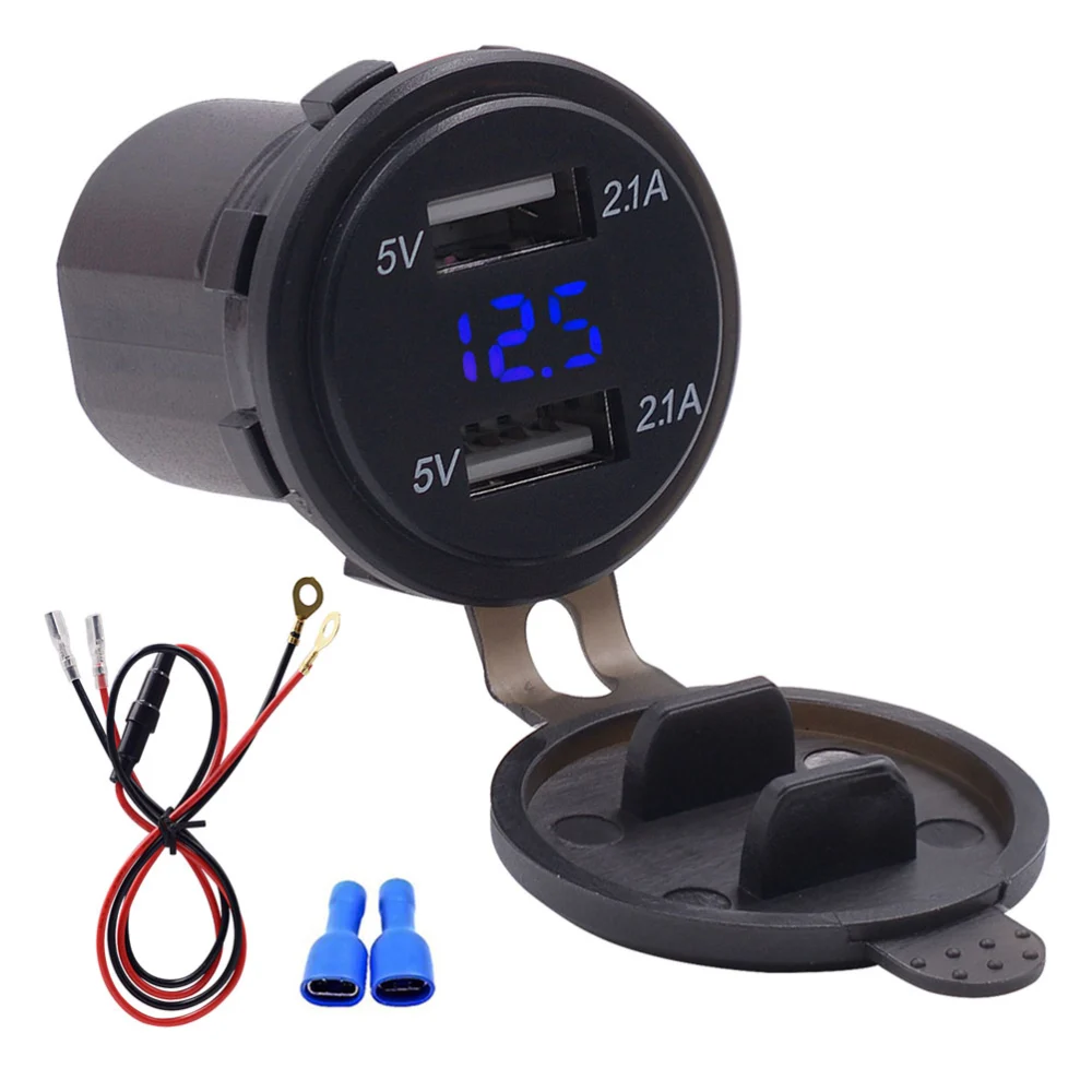 4.2A Dual USB Port Car Phone Charger Cigarette Lighter Socket Plug LED Blue Light Voltmeter Waterproof Mobile Phone Smart Charging Adapter with 60cm Cable