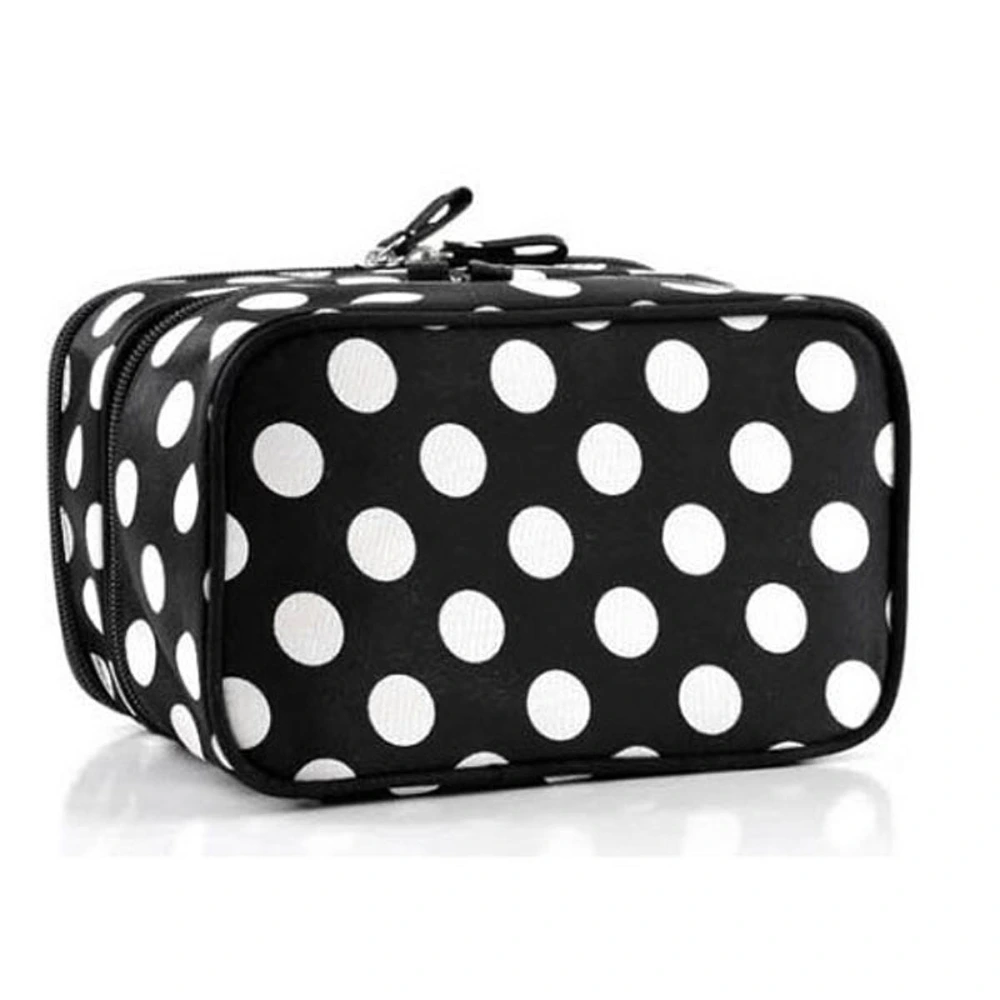 Portable Polka Dots Pattern Women's Double-Layer Dual Zipper Cosmetic Bag Toiletry Bag Handbag (Black+White)