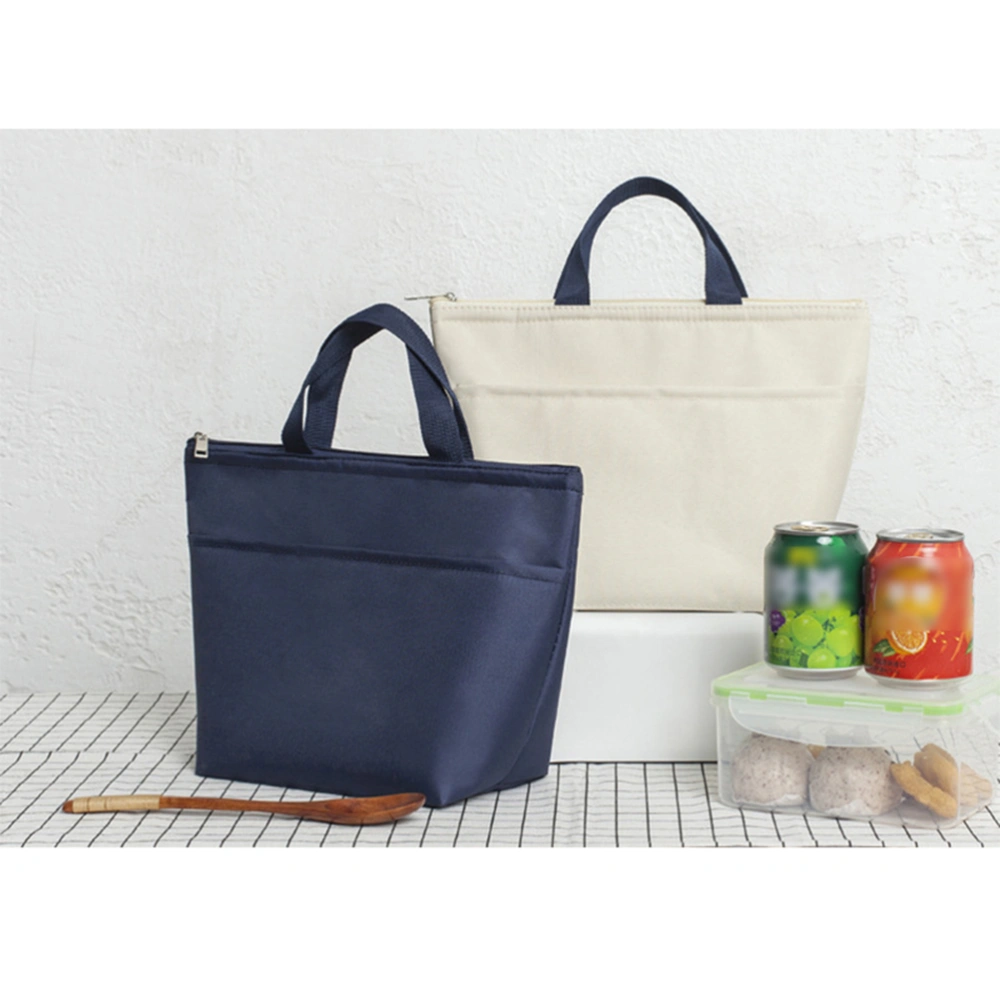 Pure Colour Lunch Bag Portable Waterproof Lunch Bag Thicken Insulation Bag Oxford Cloth Handbag Picnic Tote Bag Navy