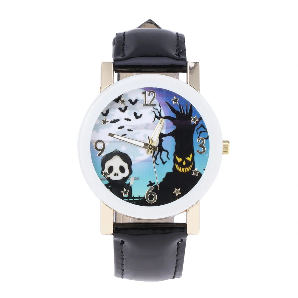 Women Fashionable Quartz Watch Ghost Festival Activities Wrist Watch White Circle Glass Leisure Women Watch Halloween Theme Watch Black