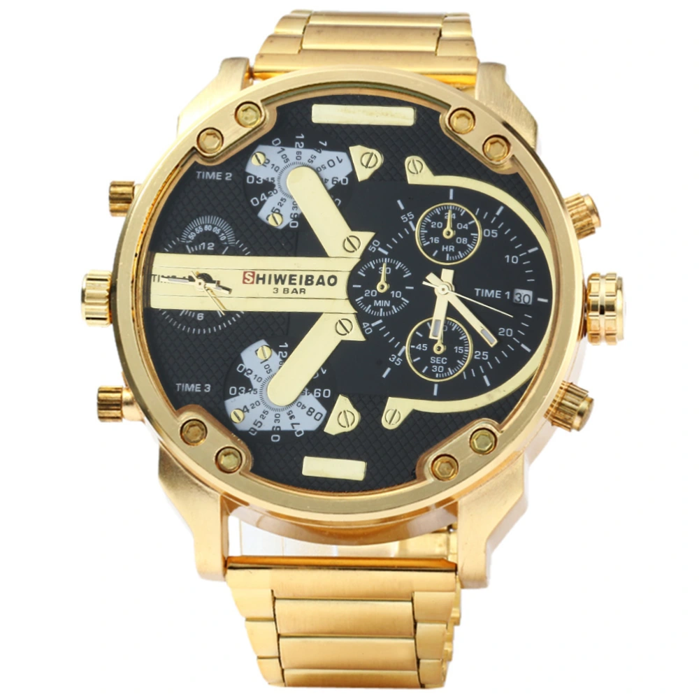 SHIWEIBAO 3137 Men Dual Time Display Quartz Wrist Watch with Stainless Steel Band (Golden & Black)