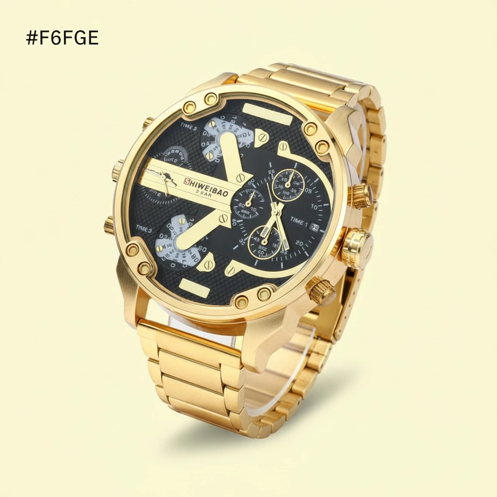 SHIWEIBAO 3137 Men Dual Time Display Quartz Wrist Watch with Stainless Steel Band (Golden & Black)