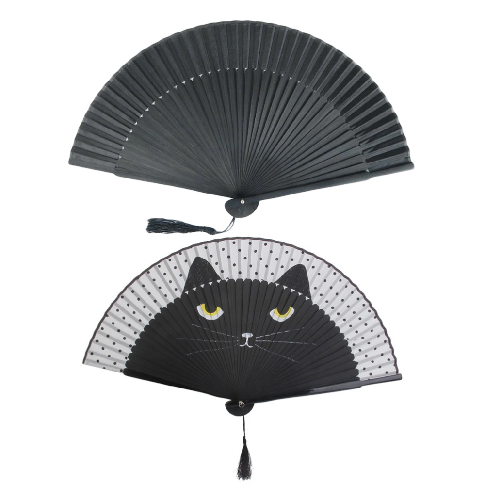 2pcs Women Cartoon Cat Folding Silk Fan Handheld Fan for Wedding Dancing Party (Black Cat Style + All Black Style)