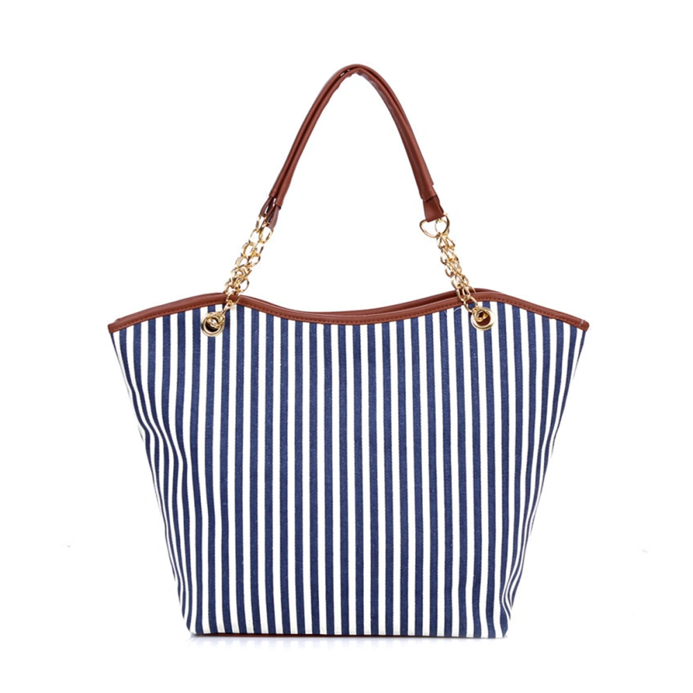 Simple Fashion Women Shopping Handbags Girl Stripe Tassels Chain Canvas Travel Shoulder Large Capacity Casual Totes (Blue)