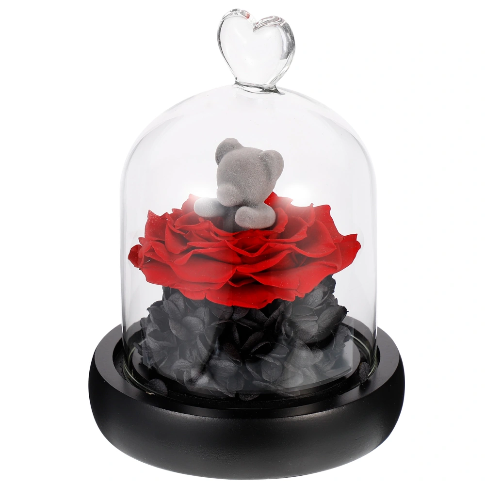 1pc Beautiful Preserved Flower Glass Cover Decor Eternal Rose Flower Bear Decor