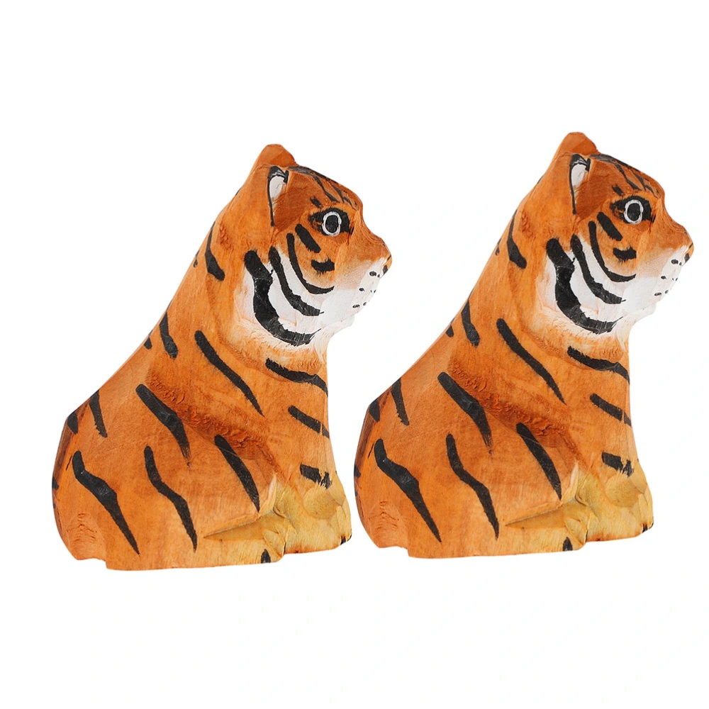 2Pcs Hand Carved Tiger Handicraft Wooden Tiger Ornament Tiger-shaped Decors