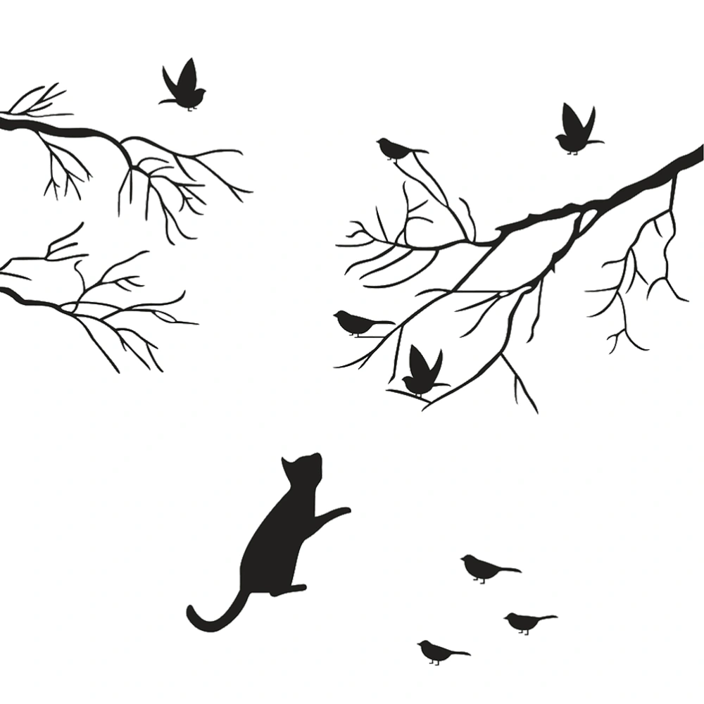 Cat and Brids Wall Decal Sketch Vinyl Sticker Removable Wallpaper for Living Room Bedroom