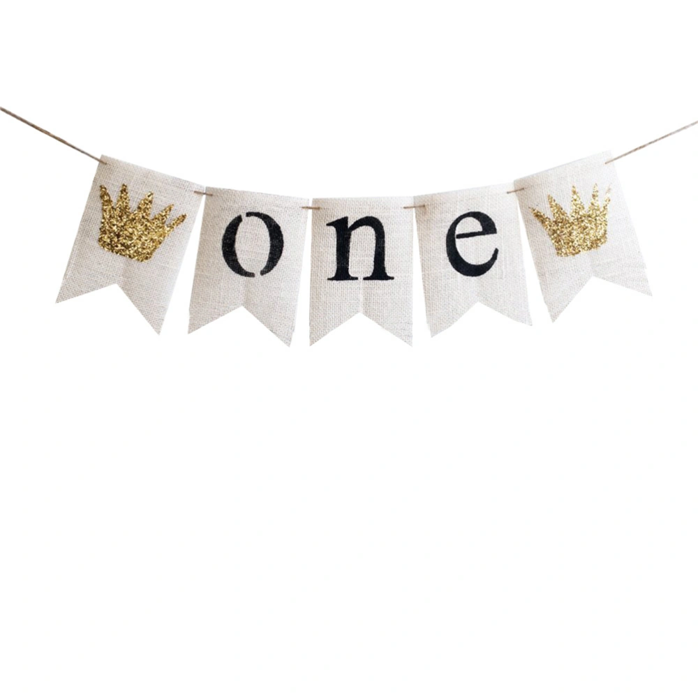 2 Meters ONE Letter Crowns Design Baby Birthday Banners Swallow-tailed Burlap Bunting Flags Garland Hanging Ornaments Bedroom Decoration For Baby's First Birthday Party Supplies (White)