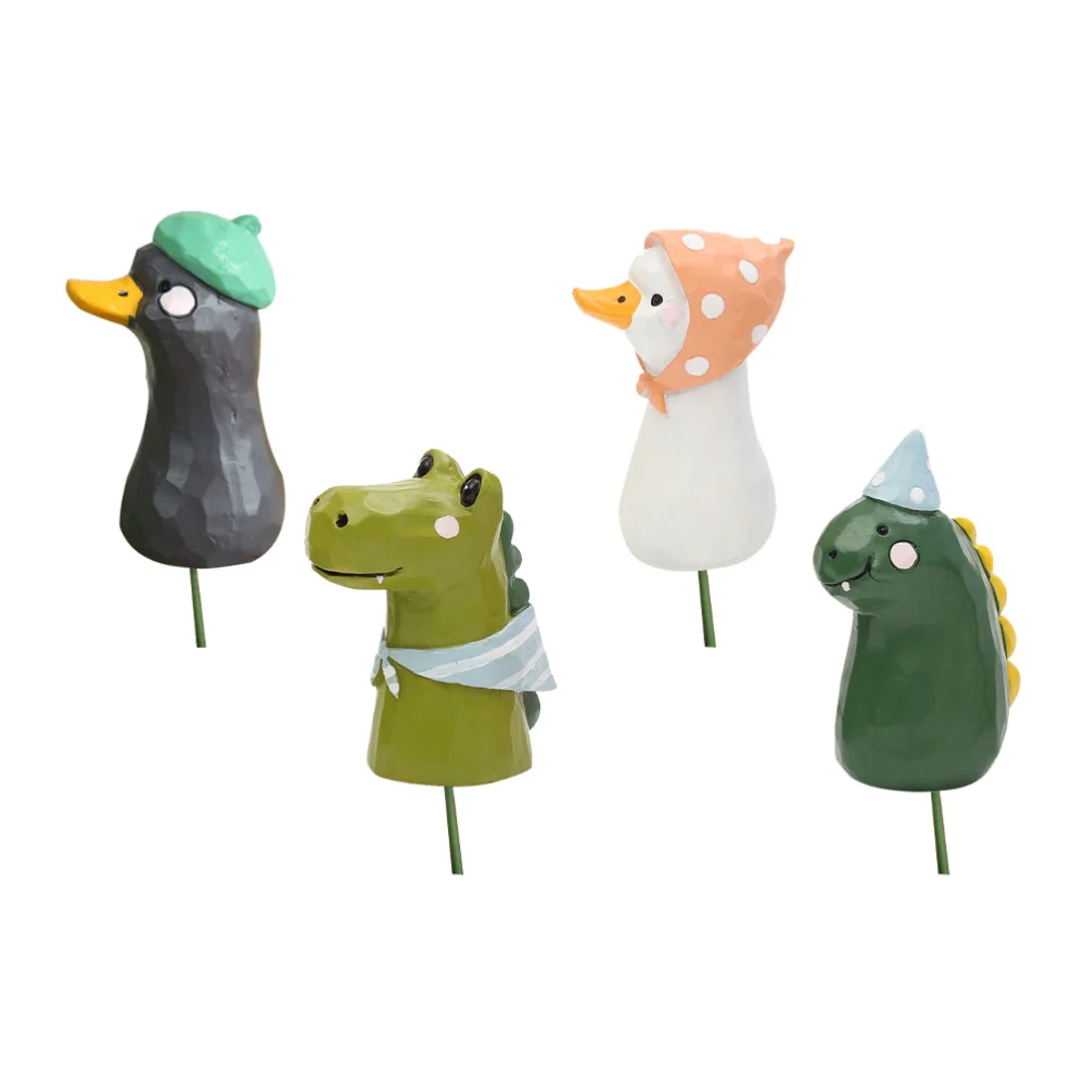 4 Pcs Simulated Cartoon Animals Plants Stick Resin Ornaments Miniature Plant Pick Desktop Ornaments for Landscape Garden Supplies (Mixed Style)