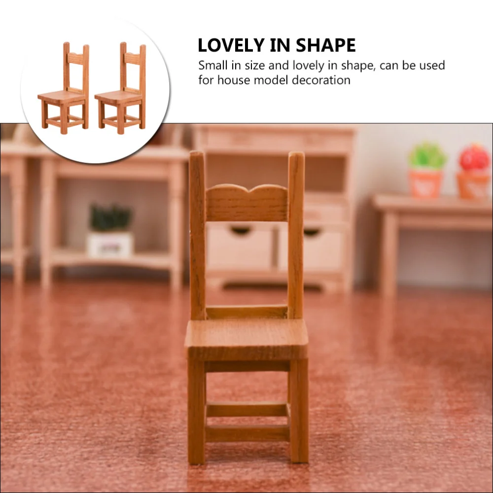 2pcs Chic Miniature House Chairs Ornament Wooden Miniature Chair Decoration