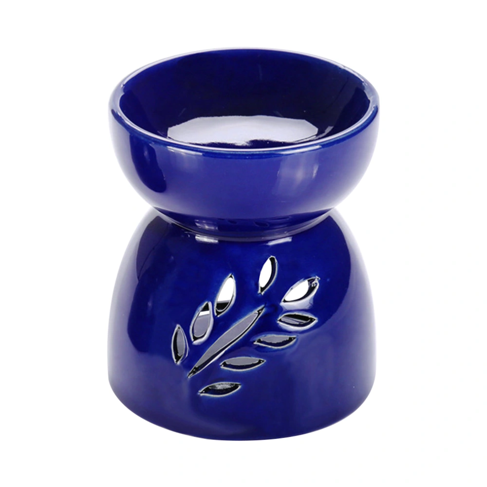 Ceramic Tea Light Holder Candlestick Hollow Leaf Pattern Aromatherapy Essential Oil Burner for Living Room Balcony Patio Porch (Blue)