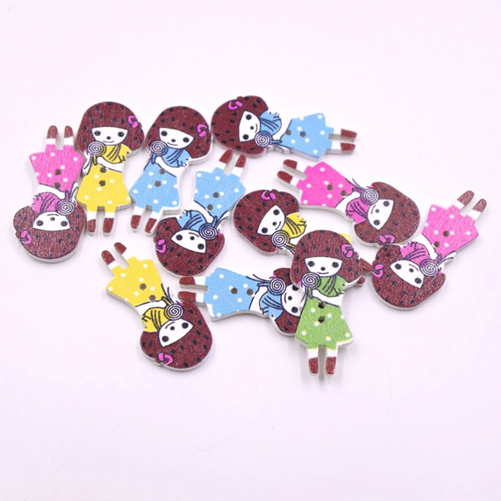 2 Pack 100pcs Wooden Colorful Sewing Buttons Decorative Lollipop Girl Pattern Buttons Buttons with 2 Holes (Assorted Color)