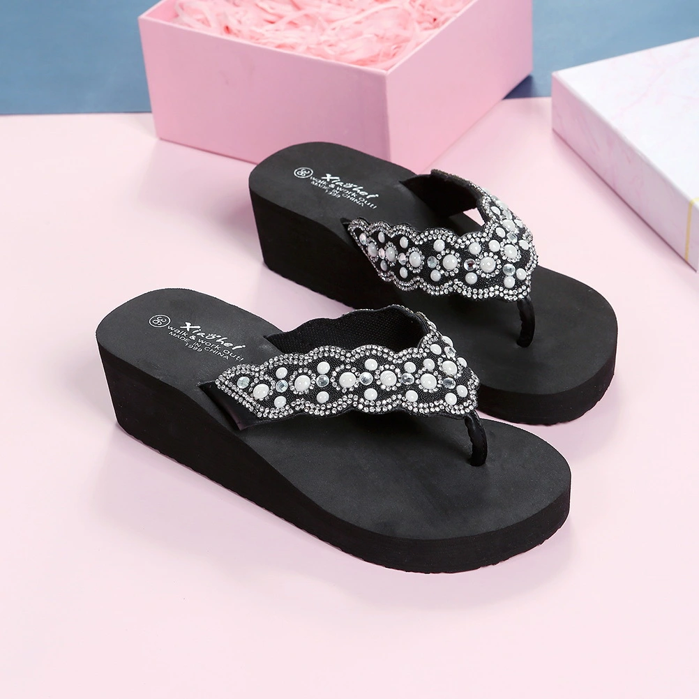 1 Pair Non-slip Beach Shoes Slipsole Shoes Flops Pearl Diamond Shoes for Summer Women Wearing (Black Size 38 24.0CM, 7US, 4.5UK, 38EU, 9.432Inch)