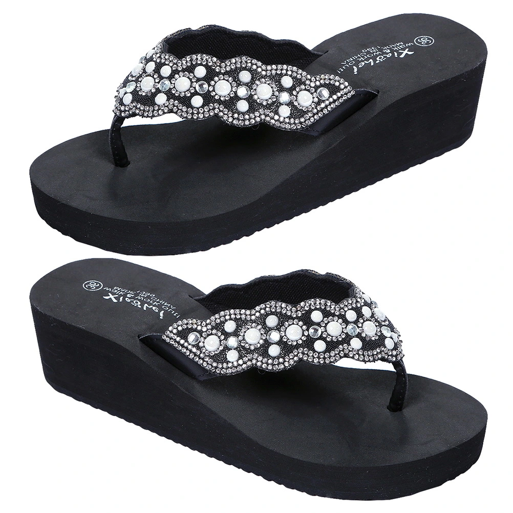1 Pair Non-slip Beach Shoes Slipsole Shoes Flops Pearl Diamond Shoes for Summer Women Wearing (Black Size 38 24.0CM, 7US, 4.5UK, 38EU, 9.432Inch)