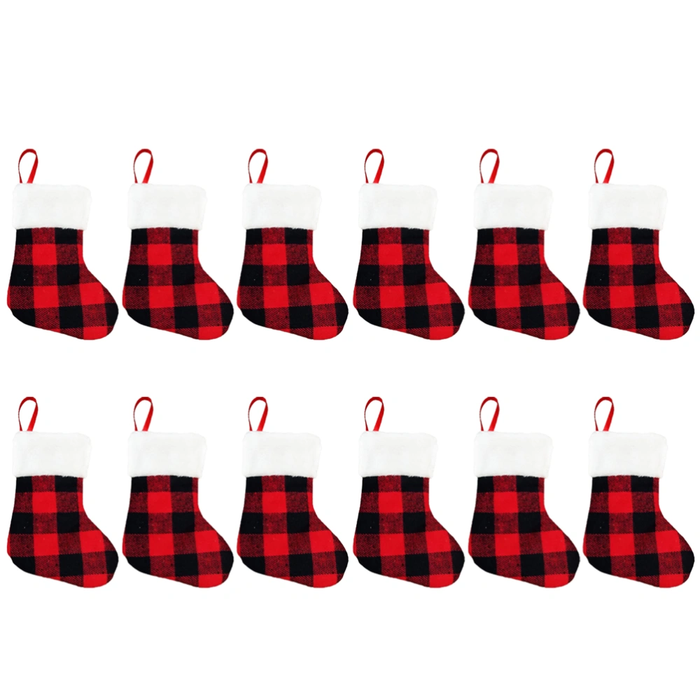 1 Set 12Pcs 7in Christmas Stockings Black and Red Grid Gift Bags Tree Pendants