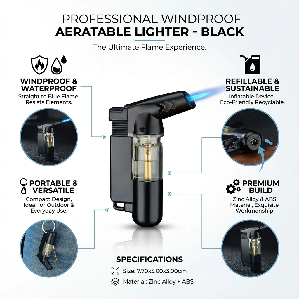 1Pc Windproof Aeratable Lighter Blue Flame Lighter Cigarette Lighter Black