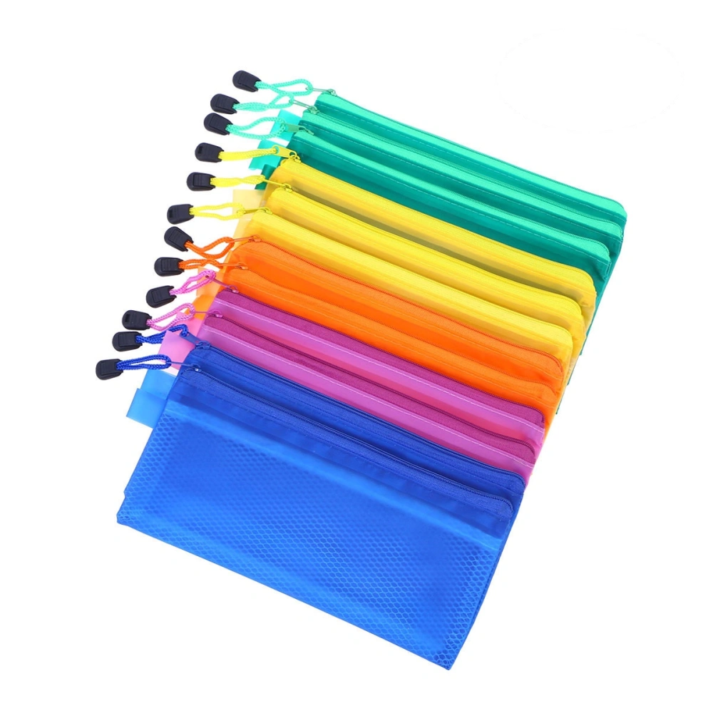 12pcs A6 Portable Office Stationery Bag Mesh Zipper File Bag PVC Waterproof Pencil Bag Office School Supplies (Random Color)