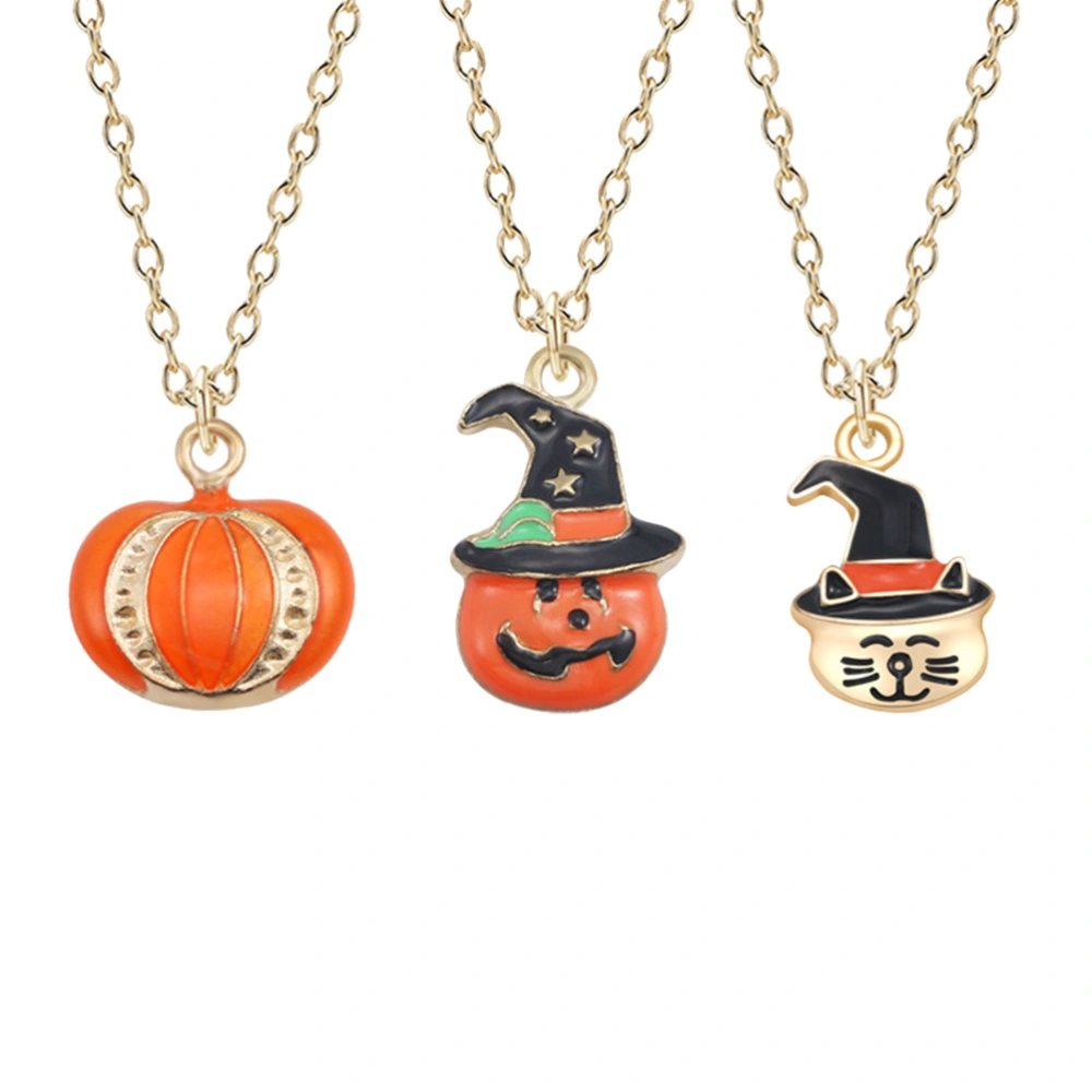 3pcs Halloween Pumpkin Pendant Funny Cat Head Pumpkin Hat Charming Necklace Creative Alloy Necklace for Halloween Night Club