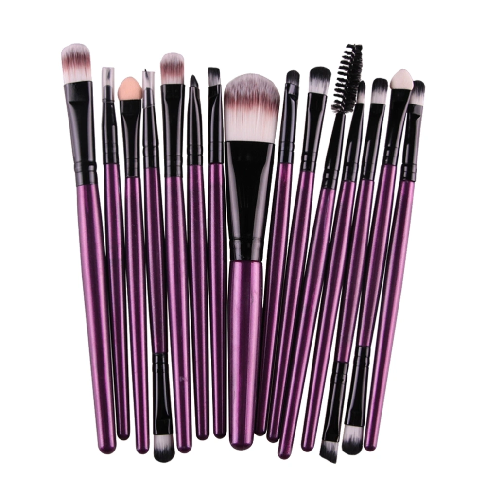 15pcs Plastic Handle Nylon Bristles Makeup Brush Cosmetics Powder Blush Brush Kit For Woman (Purple And Black)