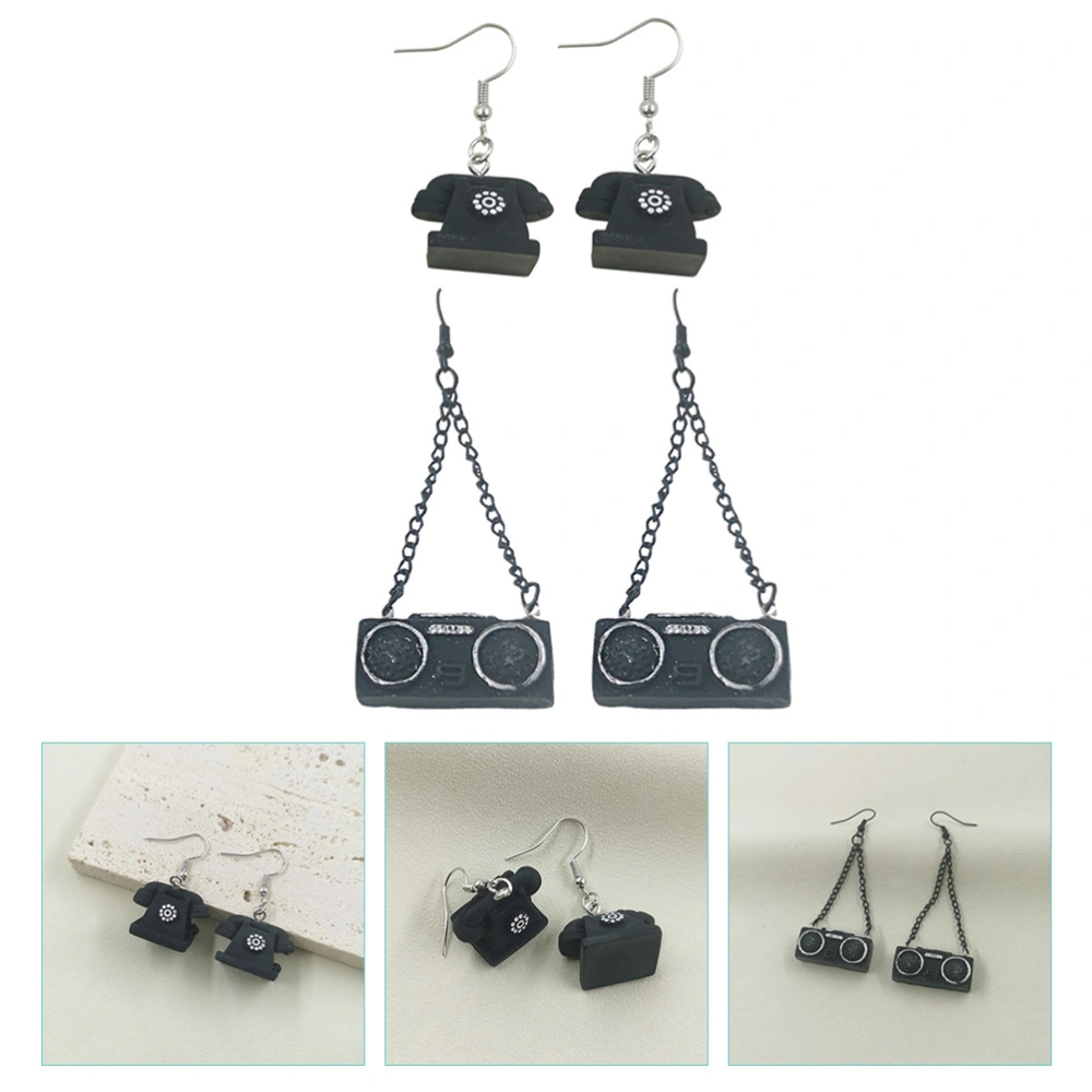 2 Pairs Creative Radio Earrings Telephone Earrings Funny Earrings Dangle Drop Earrings