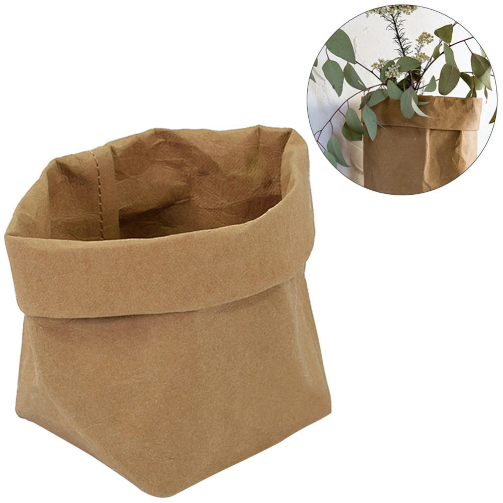 Washable Kraft Paper Container Decorative Reusable Paper Bag Organizer Flowerpot Cover Toy for Decoration and Storage Size S(Light Brown)