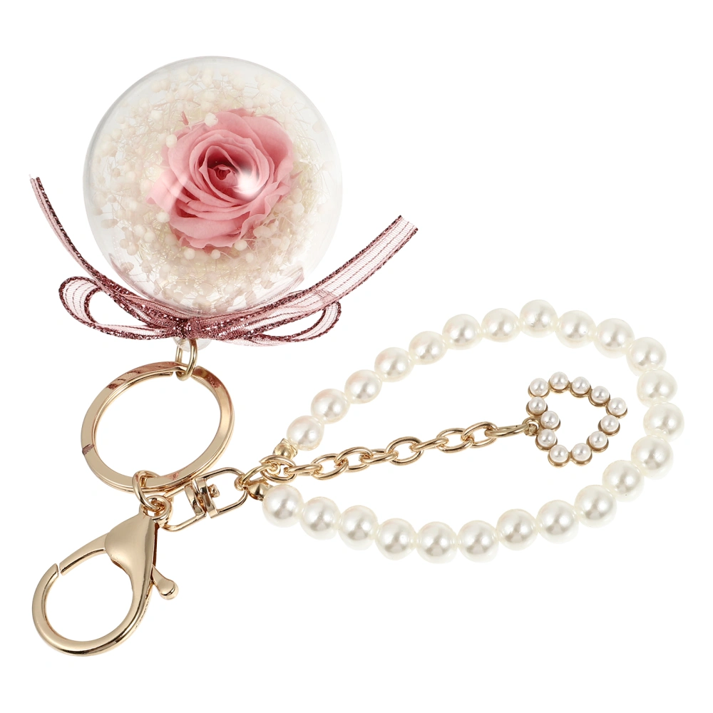 Artificial Rose Pearl String Key Ring Keychain Decor Bag Hanging Adornment