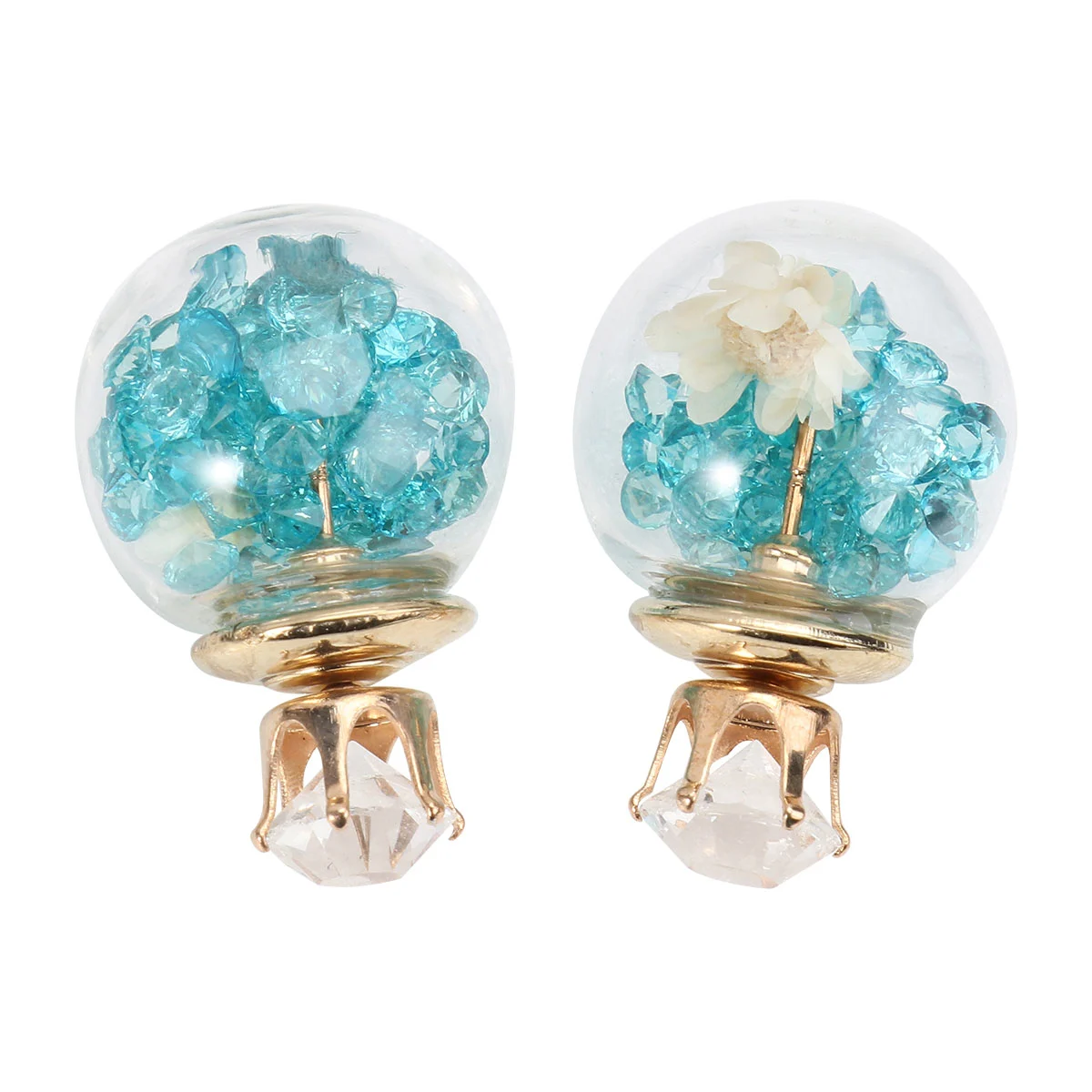 1 Pair Glass Ball Earrings Dried Flower Earstuds Double-sided Spherical Earbobs