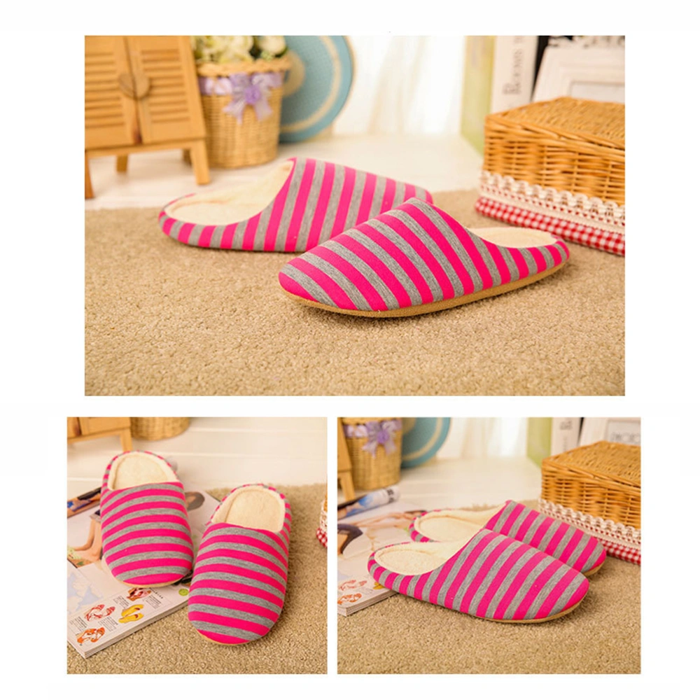 Unisex Indoor Slippers Warm Stripes Slippers Autumn Winter Cotton Slippers for Men Women - Size 36/37(Rosy)