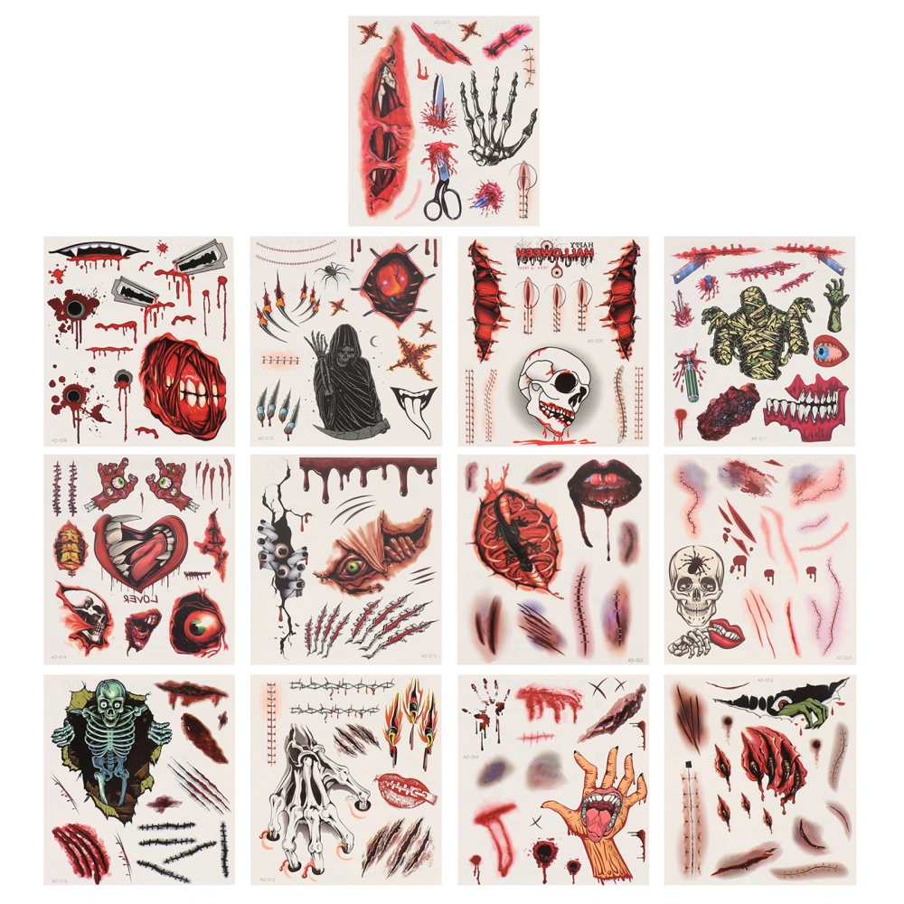 13 Sheets Halloween Horror Tattoos Temporary Fake Blood Scar Wound Stickers